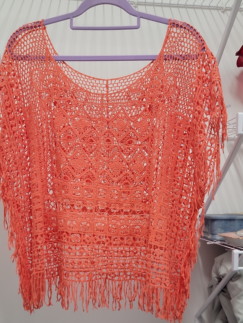 Crocheted Fringe Cover-Up Top in Coral Large/extra Large. Very Cute!